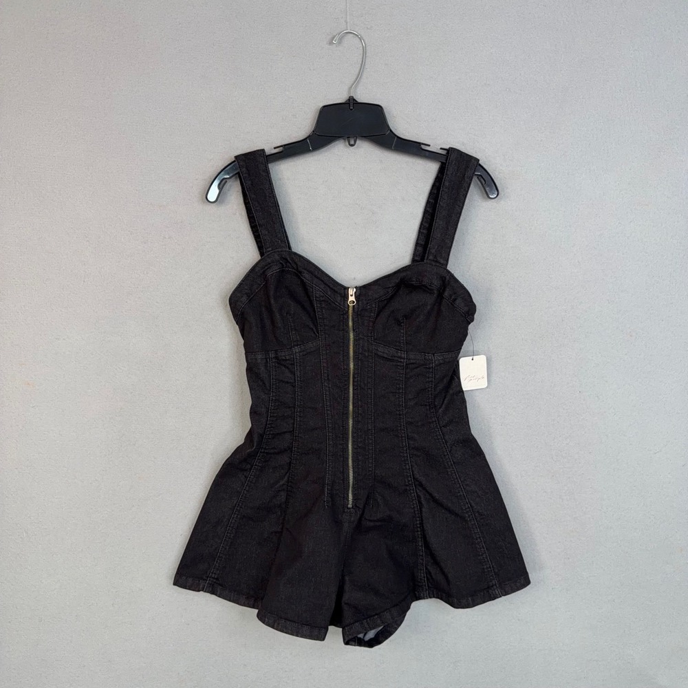 Free People Romper Womens 8 Black Denim Zip Front Delancey Flare We The Free NWT